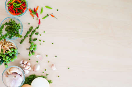 Flat lay of Thai herbal with wood background
