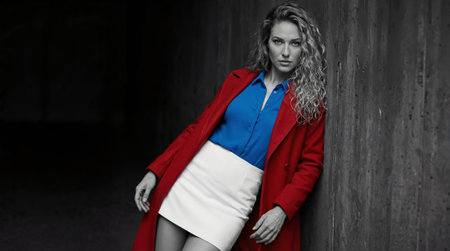 Fashionable blonde woman in red coat and white skirt. Studio shot.の素材