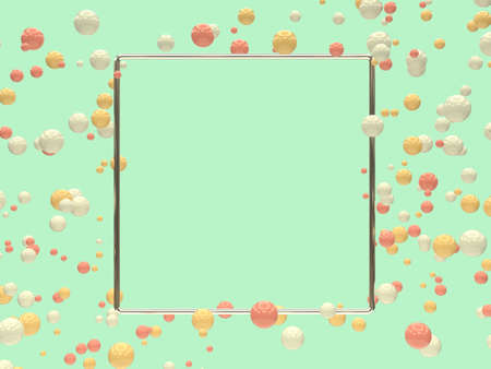 silver metallic geometric shape blank frame many pink white yellow ball/sphere levitation 3d...