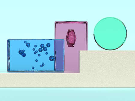 blue background pink green blue glass transparency material geometric shape minimal abstract 3d...