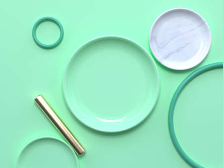 flat lay soft green pastel scene abstract geometric shape gold white marble 3d rendering blank dish...