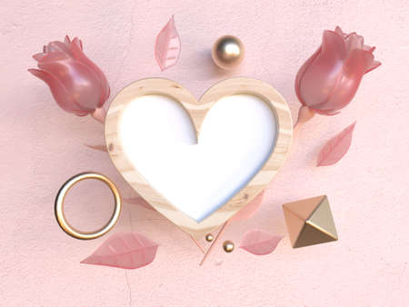 wood frame heart shape 3d rendering rose valentine concept