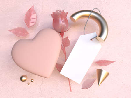 blank white paper pink rose valentine concept 3d rendering