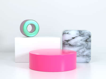 white geometric scene pink circle square marble texture blank podium 3d rendering