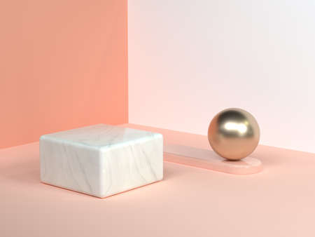pink/orange/cream minimal scene wall corner abstract geometric shape white marble square gold sphere...