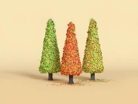 3d rendering three pine tree minimal cartoon style fall/autumn season