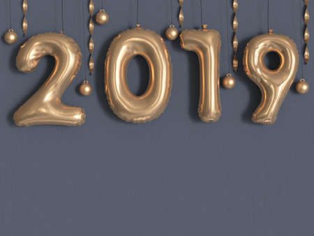 2019 balloon text/number gold metallic grey wall 3d rendering