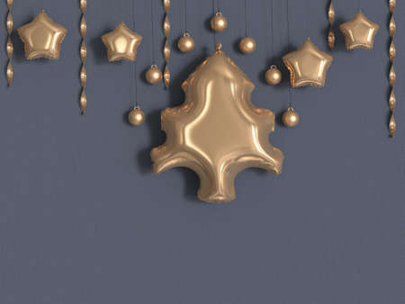 christmas tree balloon gold metallic grey wall 3d rendering