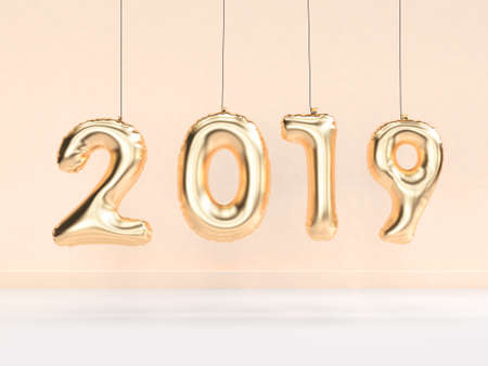 2019 balloon text/number gold hanging 3d rendering