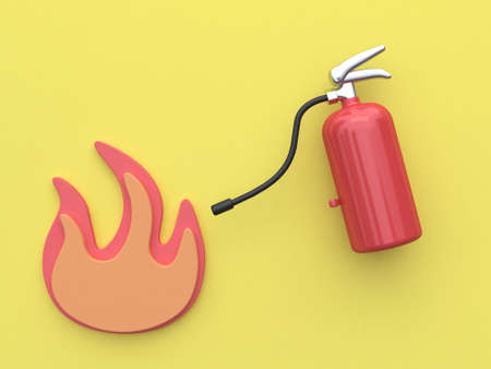 3d rendering fire extinguisher and abstract flame icon yellow backgroundの写真素材
