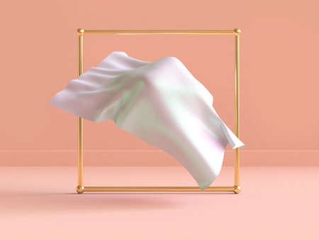 gold frame abstract 3d rendering white fabric floating cream-orange scene
