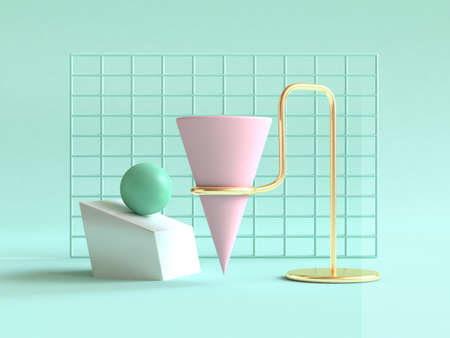3d rendering green background geometric shape abstract still life scene pink green gold