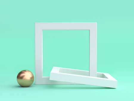 gold sphere blank white frame minimal green background 3d renderingの写真素材