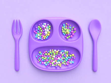 Purple dish spoon fork colorful candy sphere 3d renderingの写真素材