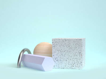 3d rendering marble cube wood sphere 3d rendering blue scene