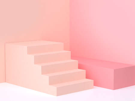 minimal pastel pink-cream wall corner staircase podium 3d renderingの写真素材