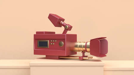 movie-cinema camera red gold set on cream scene 3d renderingの写真素材