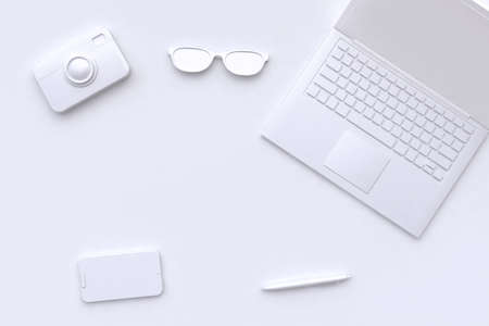 3d rendering white scene abstract laptop camera glasses pen smart phone blank space technology conceptの写真素材