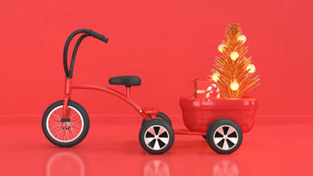 red scene of christmas background new year holiday concept with kid tricycle-bike trailer load...