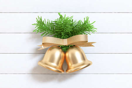 green leaf tree christmas tree with gold metallic bell bow ribbon white wood floor top view minimal abstract background 3d rendering christmas new year holiday winter conceptの写真素材