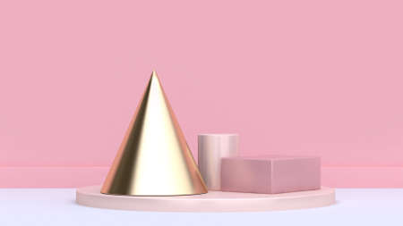 gold cone pink cylinder and square white floor pink wall abstract geometric shape form minimal pink background scene 3d renderingの写真素材