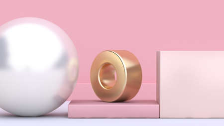 geometric shape form white sphere gold ring-tube soft pink cube-square white floor pink...