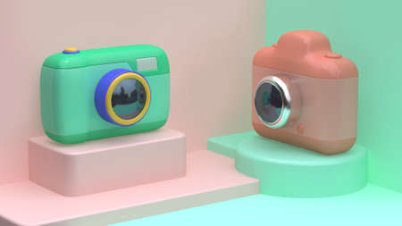 3d pink green toy camera cartoon style corner abstract scene wall minimal 3d render