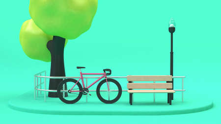 pink bicycle street green tree-parks,going transportation city concept 3d render with chair lamp fenceの写真素材