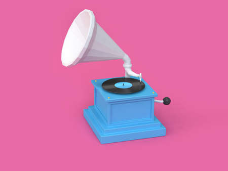 3d render blue white vintage vinyl player cartoon style pink backgroundの写真素材