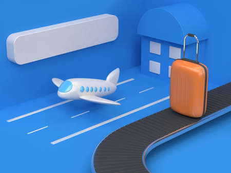 3d blue scene geometric abstract airport cartoon style with bag-luggage orange 3d rendering,going travel transportation conceptの写真素材
