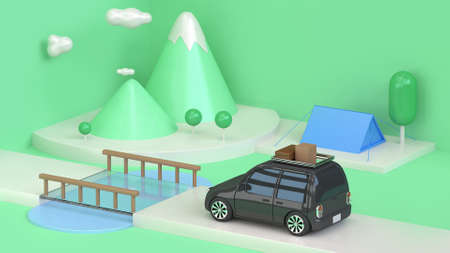 black car go travel nature abstract green scene geometric mountain cartoon style minimal 3d rendering,going travel vacation nature adventure camping conceptの写真素材