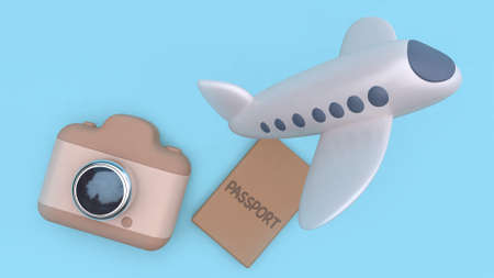 3d camera passport plane flying cartoon minimal style blue background 3d rendering going-travel conceptの写真素材