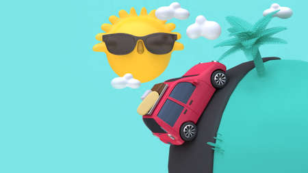 3d red car with many objects on road mini world yellow sun clouds tree cartoon style 3d rendering...