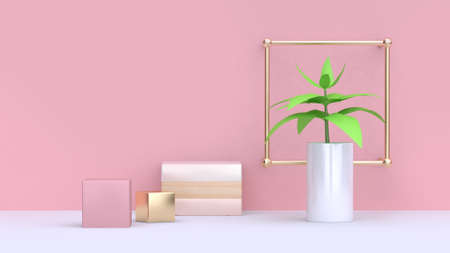green leaf of tree in white pot and abstract pink gold cube pink wall minimal background 3d...