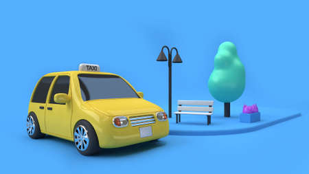 3d rendering yellow taxi eco car and a chair tree lamp on footpath of street,city transportation concept cartoon styleの写真素材