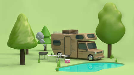 3d rendering brown home car in green parks have many trees nature and pond blue water reflection cartoon style,barbecue-picnic-camping,travel vacation holiday summer conceptの写真素材