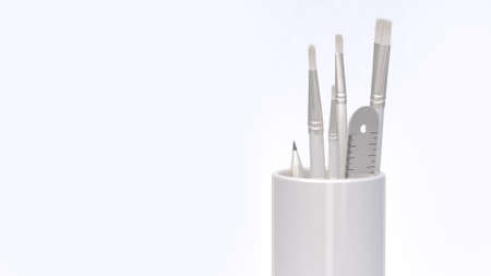 white pen cup brush pencil ruler white background free space 3d renderingの写真素材