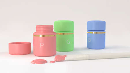 white brush and color bottles pink green blue 3d renderingの写真素材