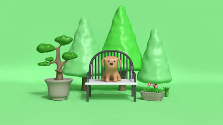 Brown dog on chair in garden 3d renderingの写真素材