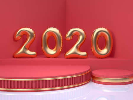 gold balloon number/type red scene wall floor corner abstract minimal christmas holiday new year concept 3d renderingの写真素材
