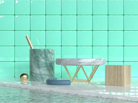 green wall tile glossy/shiny abstract group geometric shape set marble texture gold wood texture 3d renderingの写真素材