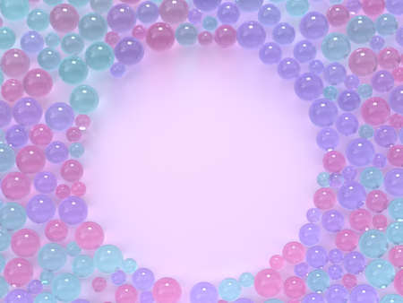 flat lay pink pastel scene many spheres/ball colorful circle frame copy space 3d renderingの写真素材