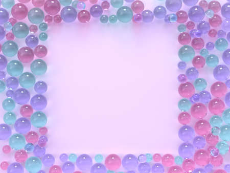 flat lay pink pastel scene many spheres/ball colorful square frame copy space 3d renderingの写真素材