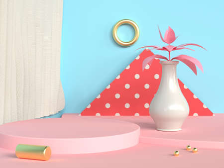 blank circle podium abstract scene blue wall pink floor tree pot/jar 3d renderingの写真素材