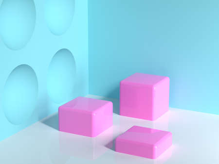 pink geometric shape blue wall corner white floor abstract minimal scene square/cube blank podium