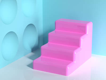 pink geometric shape blue wall corner white floor abstract minimal scene staircase blank podiumの写真素材