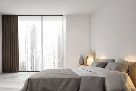 this contemporary bedroom interior is a harmonious blend of form and function, creating a tranquil sanctuary that reflects modern sensibilities while prioritizing comfort and style.の素材