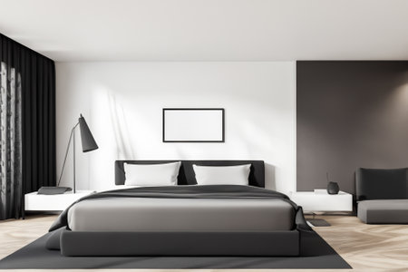 this contemporary bedroom interior is a harmonious blend of form and function, creating a tranquil sanctuary that reflects modern sensibilities while prioritizing comfort and style.の素材