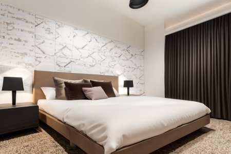 this contemporary bedroom interior is a harmonious blend of form and function, creating a tranquil sanctuary that reflects modern sensibilities while prioritizing comfort and style.の素材