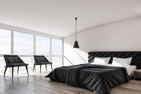 this contemporary bedroom interior is a harmonious blend of form and function, creating a tranquil sanctuary that reflects modern sensibilities while prioritizing comfort and style.の素材